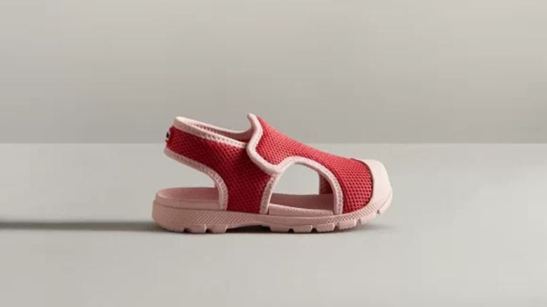 Closed-toe pink and red mesh sandal